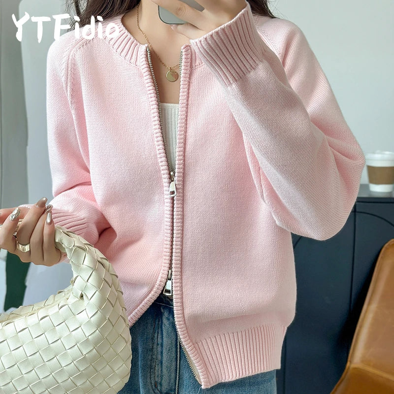 YTFidio 100% de algodón para mujer, cárdigan liso con cremallera gruesa y cuello redondo, ropa de diseñador de lujo, jersey para mujer, Tops femeninos 401