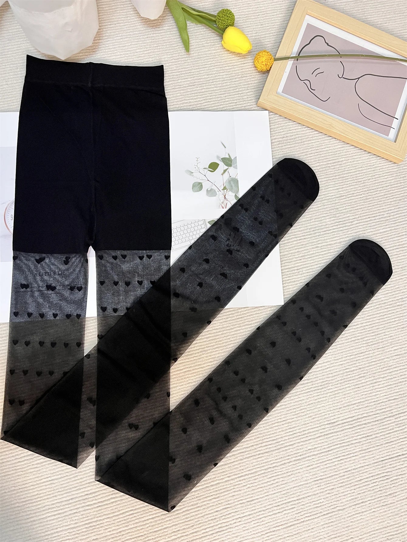 Medias negras sexis con lunares, pantimedias de corazón, diseño ajustado y elástico para mujer.
