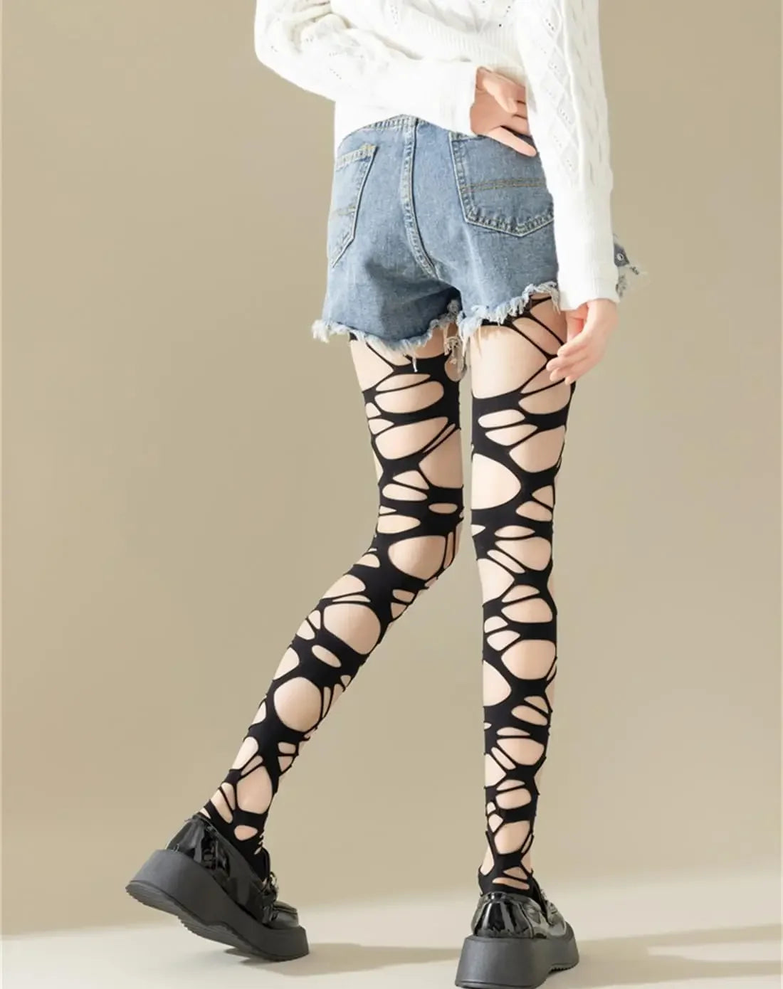 Medias de red rasgadas negras sexis para mujer, pantimedias de malla ajustadas con agujeros Punk gótico, mallas, estilo Emo, ropa de calle Egirl