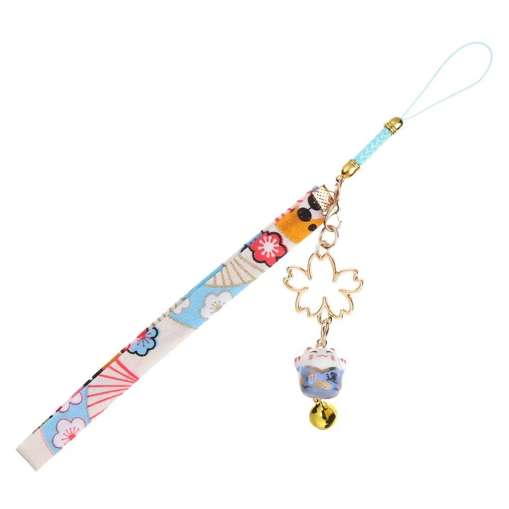Cordón de correa para teléfono, cuerda colgante de muñeca, estilo japonés, antipérdida, Sakura, gato de la suerte, 1 unidad