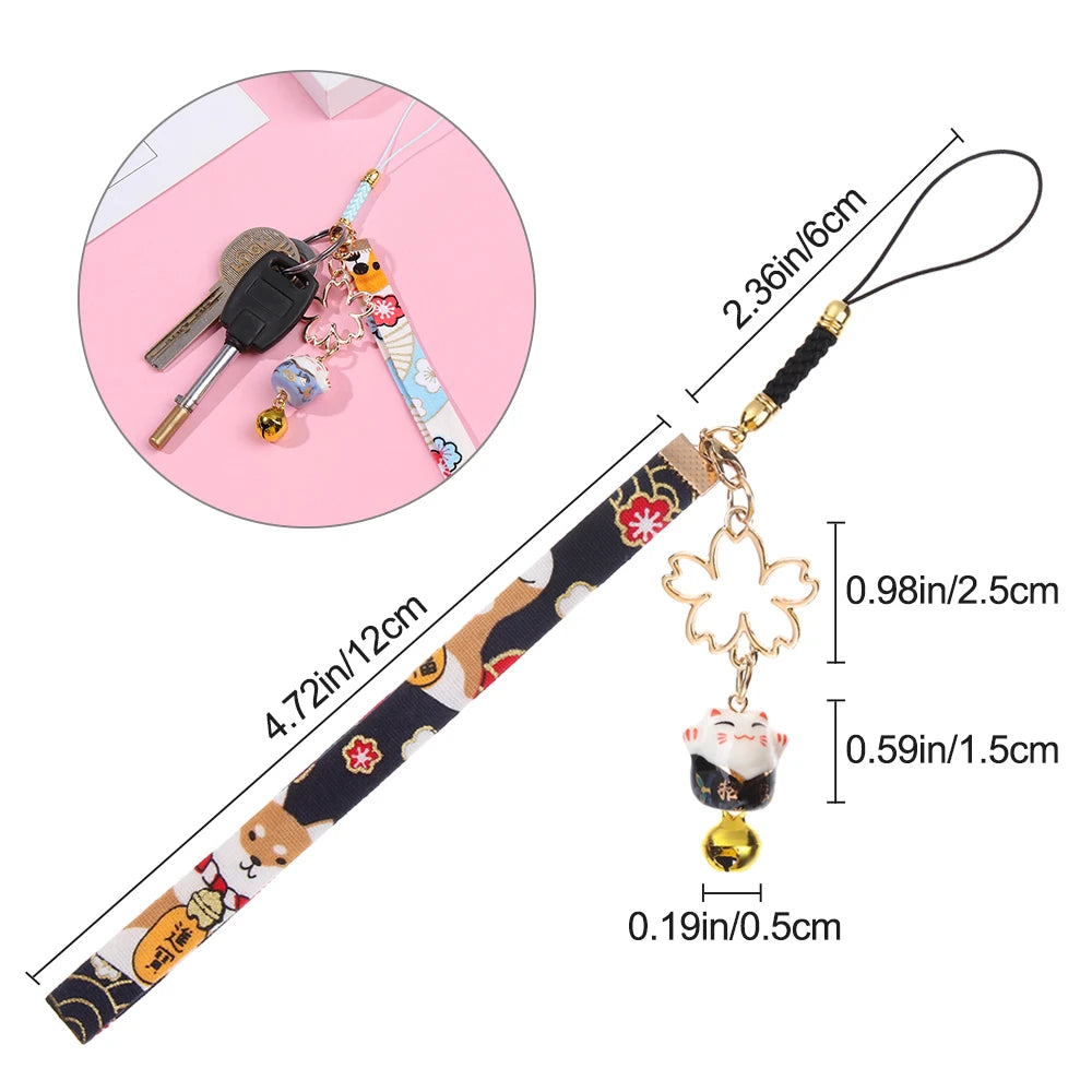 Cordón de correa para teléfono, cuerda colgante de muñeca, estilo japonés, antipérdida, Sakura, gato de la suerte, 1 unidad