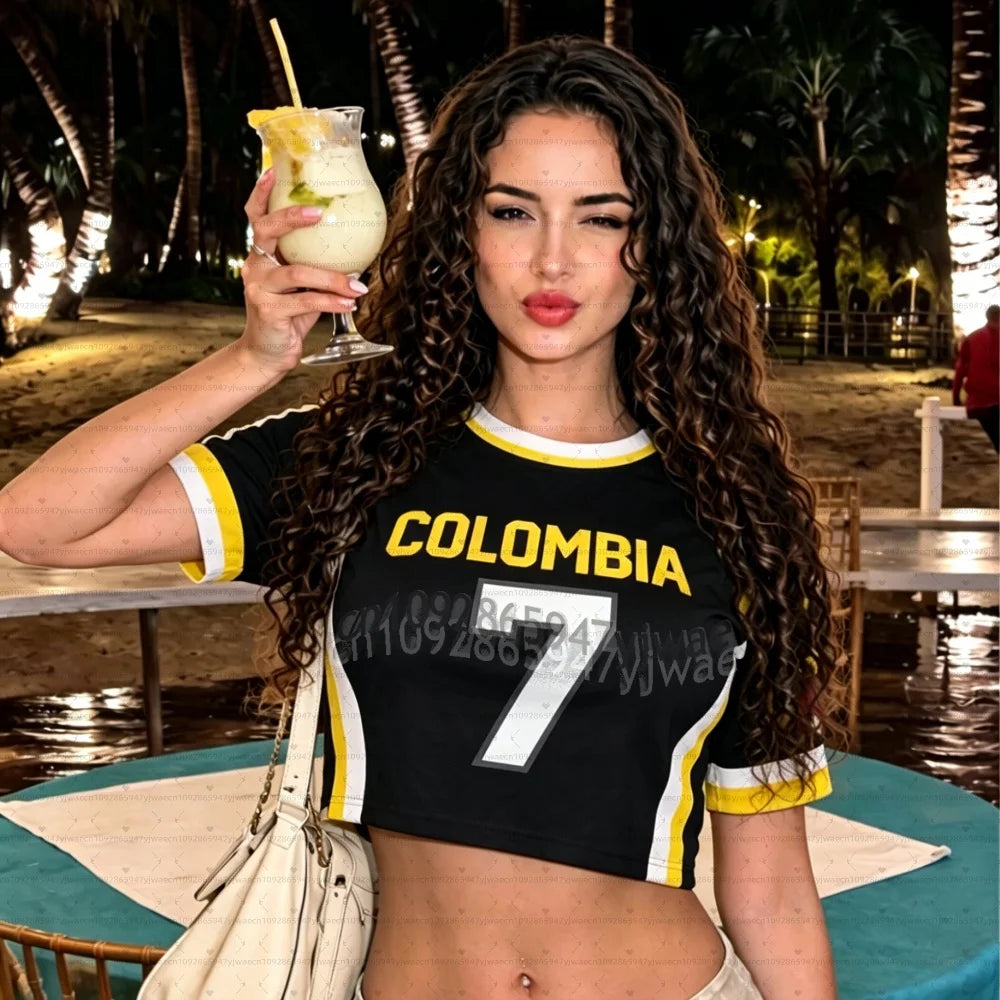 Uniformes de animadora para mujer, camiseta de fútbol, camiseta corta de fútbol de Colombia, camiseta informal de verano para fanáticas del fútbol