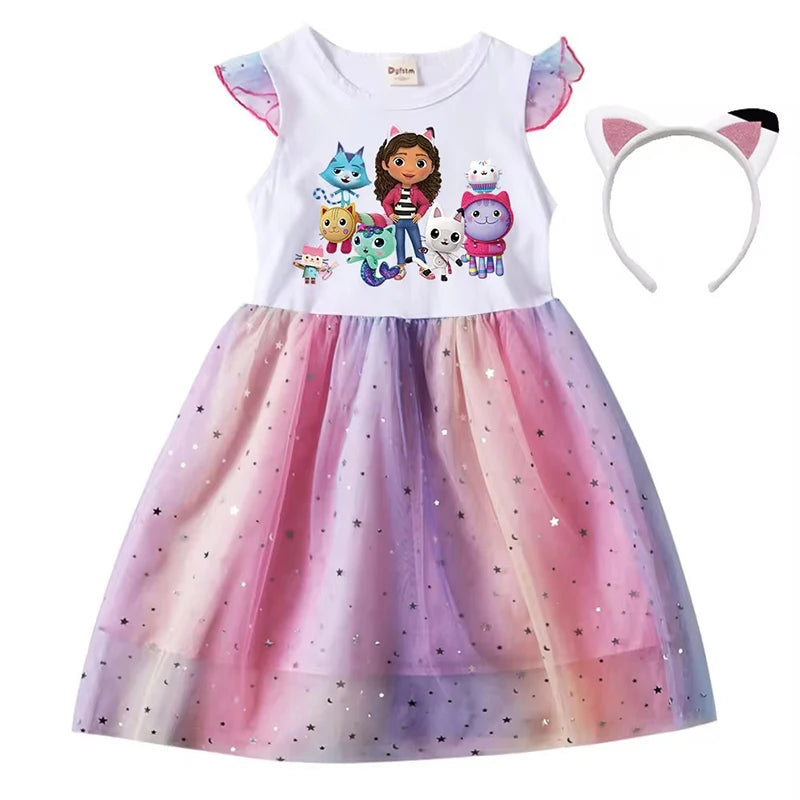 Vestido de gato de dibujos animados para niñas, vestido de princesa estampado con diadema, vestido tutú con mangas voladoras para niños, vestido de cumpleaños de Pascua