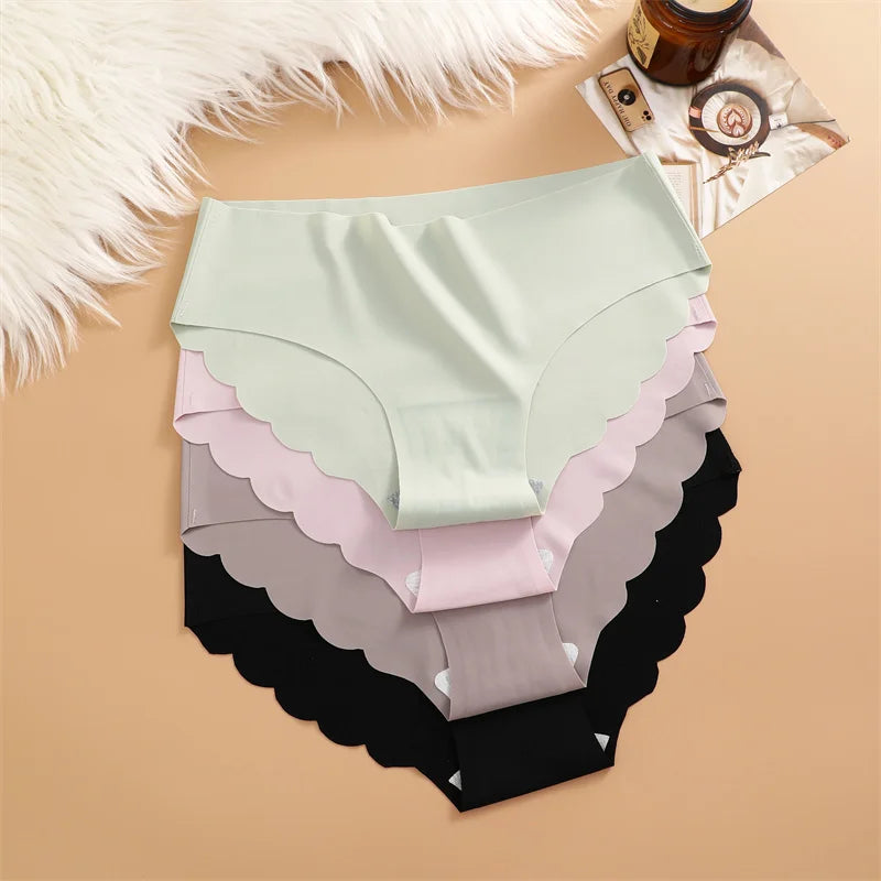 Braguitas de Seda de Hielo sin Costuras, 4 Piezas/Juego, Braguitas de Mujer de Color Sólido, Ropa Interior Elástica, Ultrafinas, sin Rastro, con Laterales Ondulados