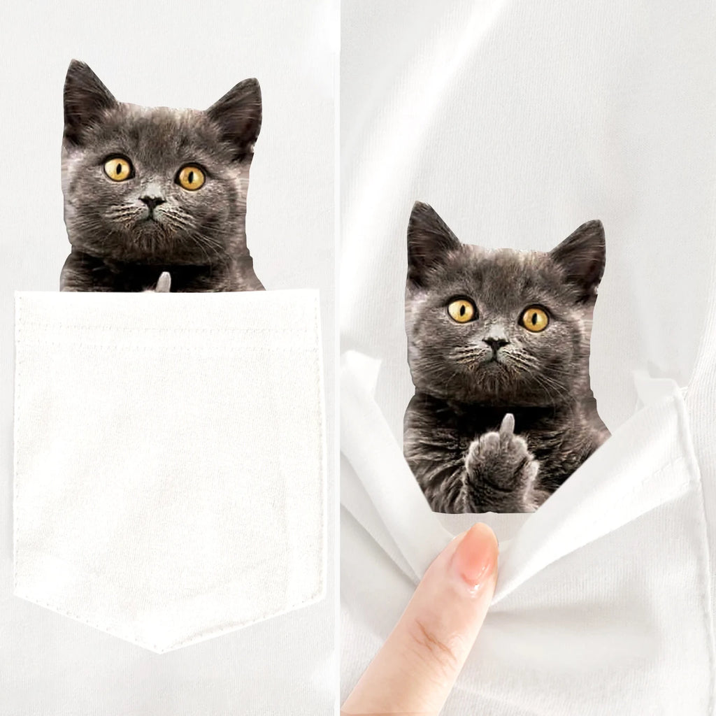 CLOOCL-Camiseta divertida de gato para mujer con imagen de gato en el bolsillo. Estilo casual y moderno.