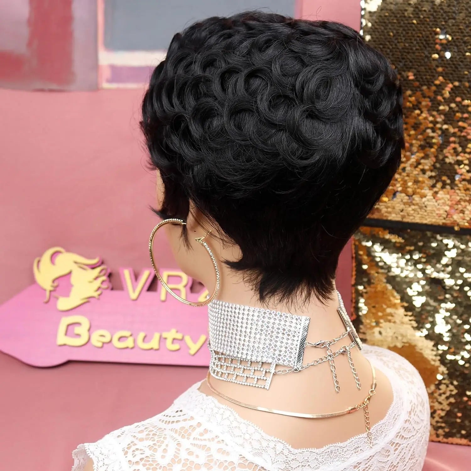 Pelucas cortas de Pixie para mujeres negras, pelucas cortas negras rizadas de Pixie, pelucas de pelo sintético para mujeres negras, Ondulado Natural, corte Pixie negro W