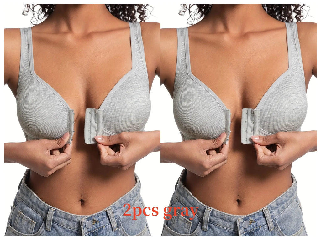 Sujetador de mujer sin aros con cierre frontal, color sólido, cobertura total, copas fijas, más consideradas para personas de mediana edad y mayores individuales