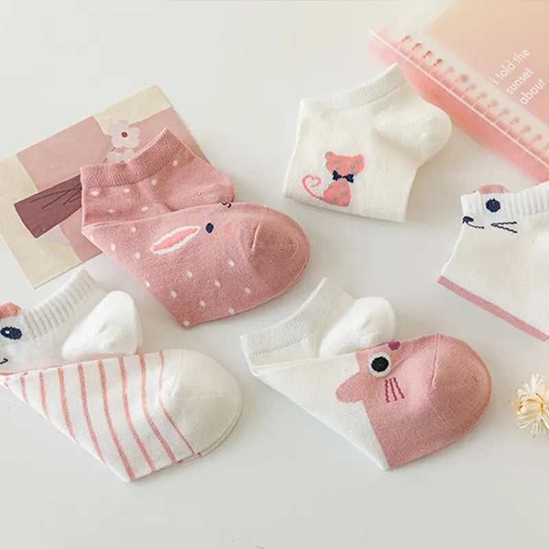 5/10/20 pares de calcetines de tubo corto para mujer, calcetines finos de gato rosa para las cuatro estaciones, bonitos calcetines de barco, calcetines bajos Ins a la moda