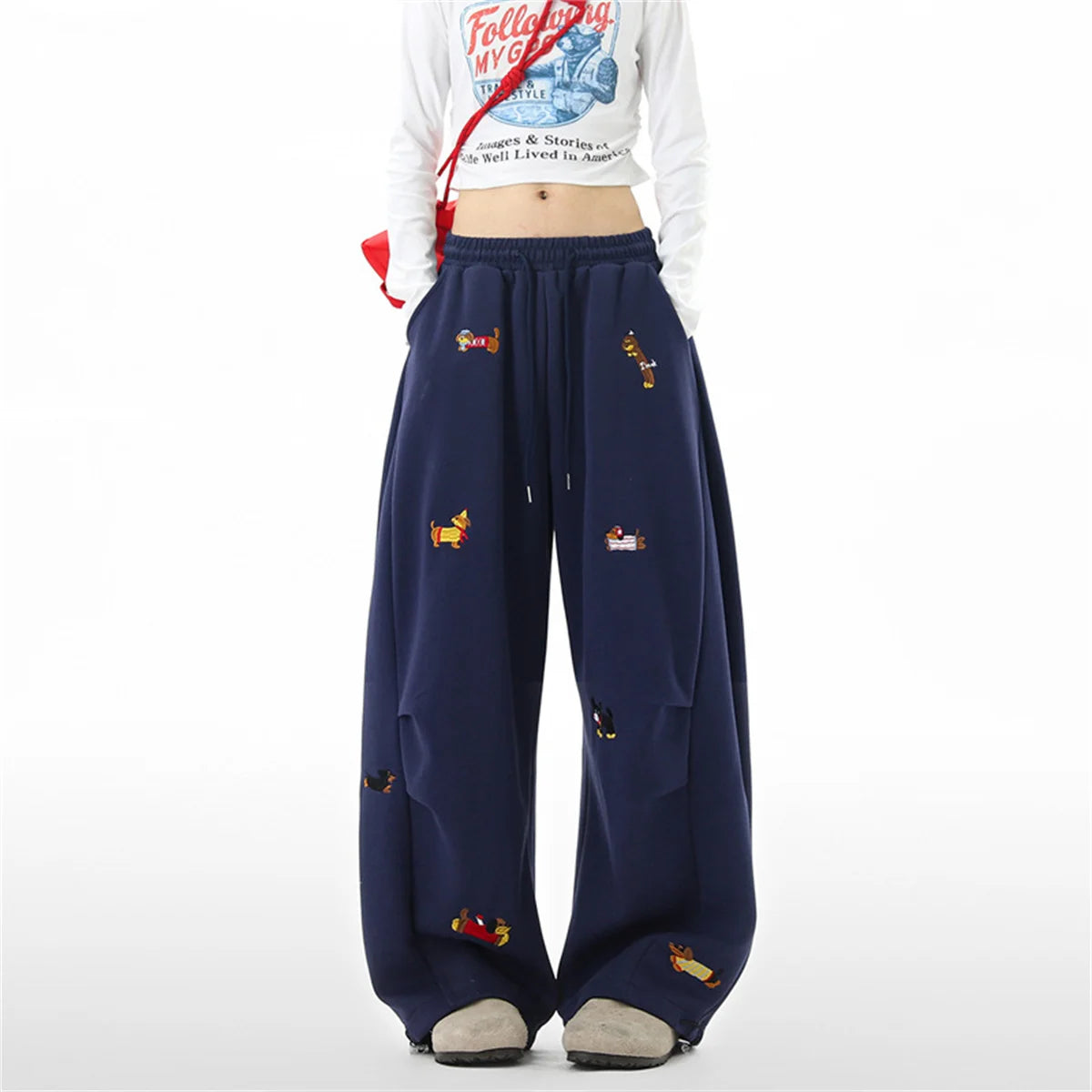 Pantalones de chándal holgados con bordado de perro salchicha, joggers casuales de pierna ancha, estilo streetwear para parejas, divertidos, a la moda y cómodos.