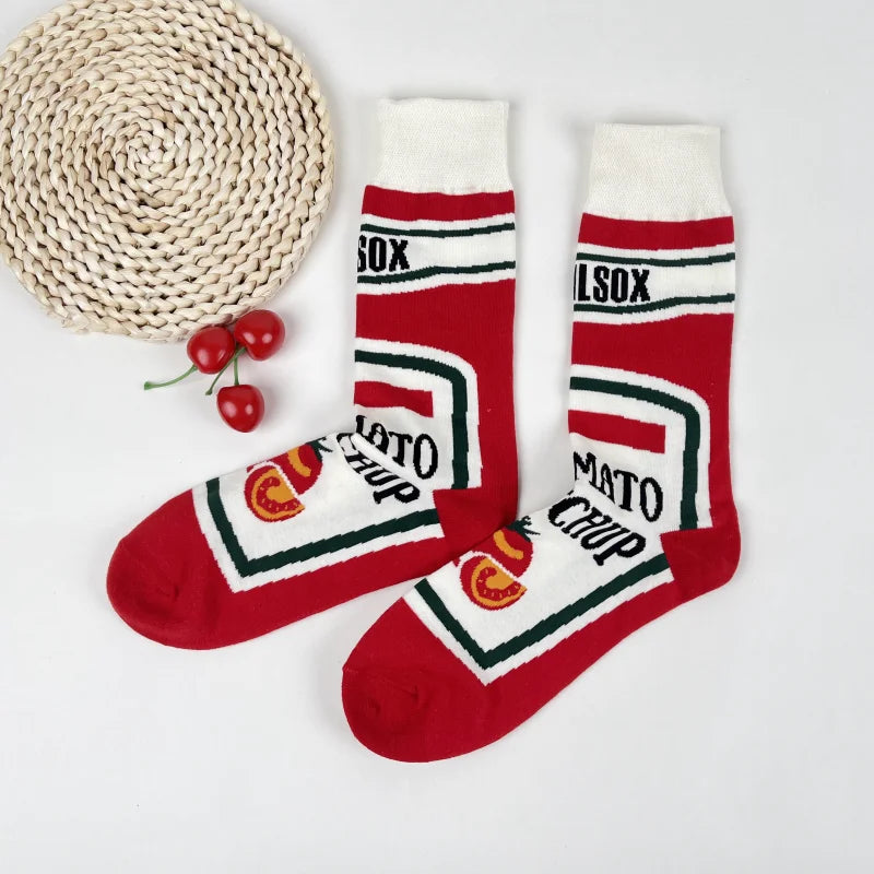 1 par Unisex divertido estilo AB tomate Ketchup French Fry impreso calcetines a media pantorrilla traje en todas las estaciones