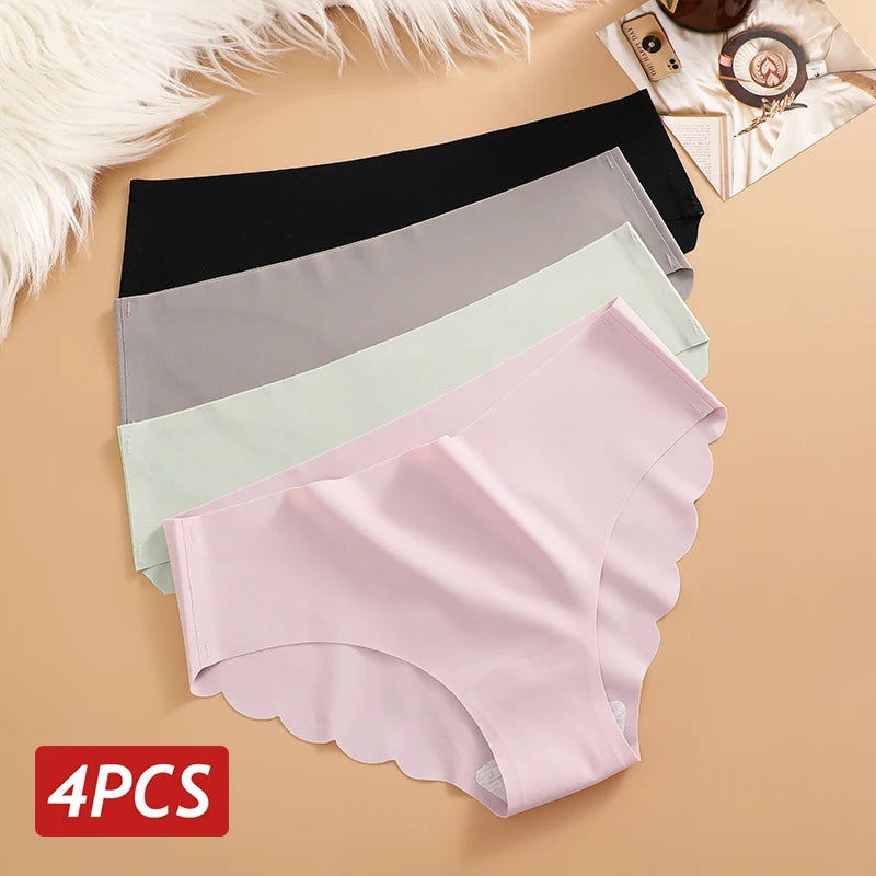 Braguitas de Seda de Hielo sin Costuras, 4 Piezas/Juego, Braguitas de Mujer de Color Sólido, Ropa Interior Elástica, Ultrafinas, sin Rastro, con Laterales Ondulados