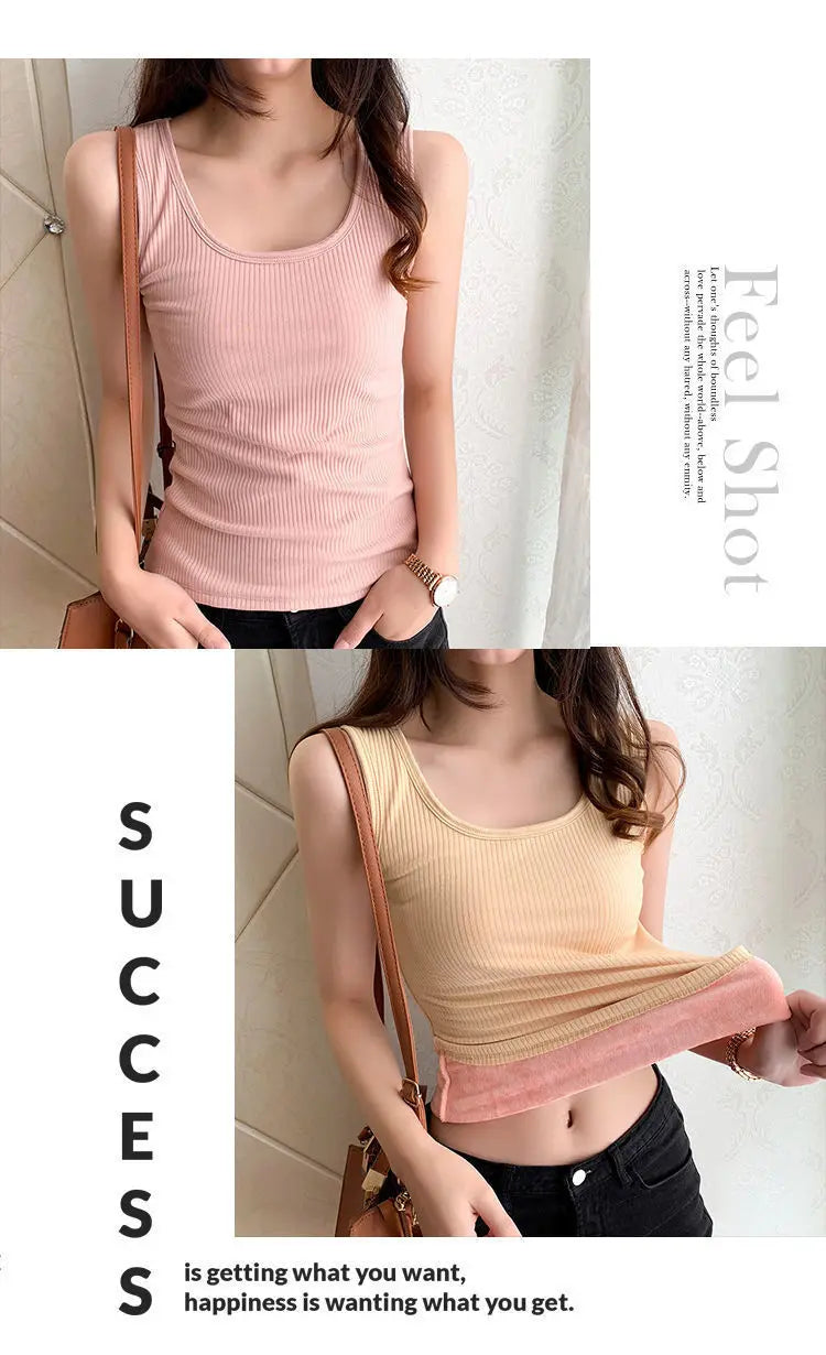 Ropa interior térmica de invierno para mujer, Top sin costuras, camisa de terciopelo, chaleco sin mangas, camiseta interior cálida para mujer, lencería Sexy de Color sólido