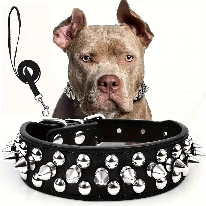 Juego de Collar y correa para perro con pinchos, Collar de perro de cuero con remaches, Collar ajustable para caminar al aire libre