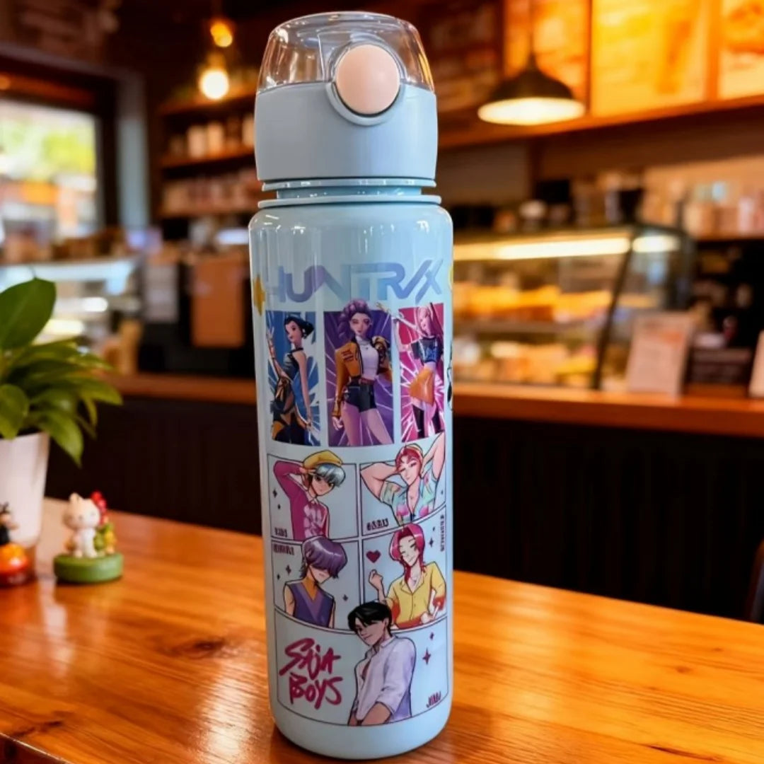 Botella de agua con figura de dibujos animados, taza portátil con pajita para exteriores para niños, deportes de verano para niñas, a prueba de fugas, linda