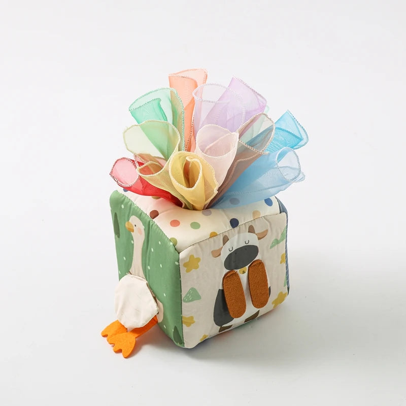 Juguete Montessori para bebé, caja de pañuelos mágicos de algodón, juego de mesa ocupado para ejercicio de los dedos, juguete educativo, juego de sonajero suave, libro de tela, regalo