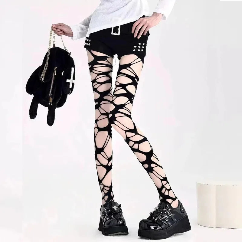 Medias de red rasgadas negras sexis para mujer, pantimedias de malla ajustadas con agujeros Punk gótico, mallas, estilo Emo, ropa de calle Egirl