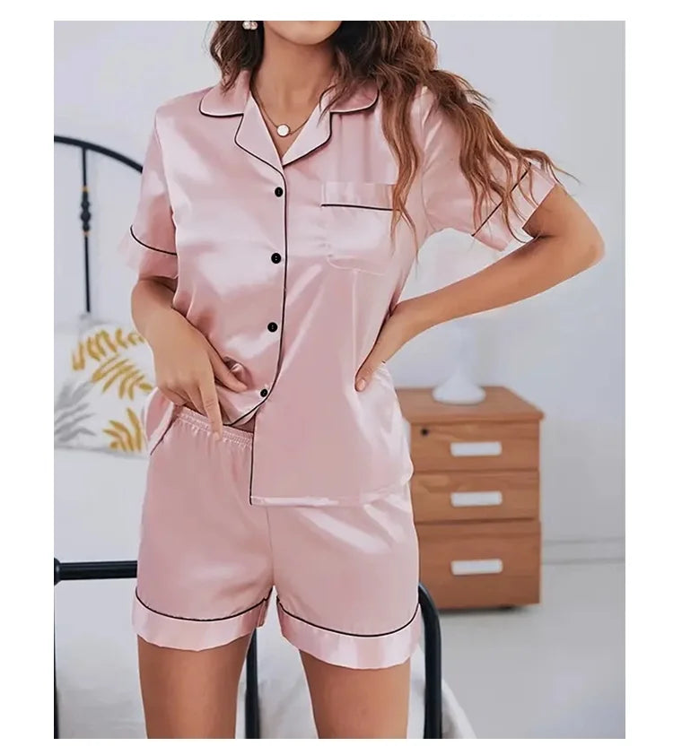 Conjunto de pijama de satén de seda para mujer, Top con botones y pantalones cortos, ropa de dormir con cuello con muescas, ropa de dormir de verano, 2 piezas