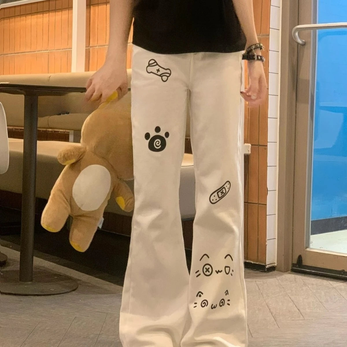 Pantalones largos japoneses Kawaii para mujer, pantalones informales con patrón de gato de dibujos animados Y2K, pantalones deportivos de otoño con subcultura Harajuku dulce