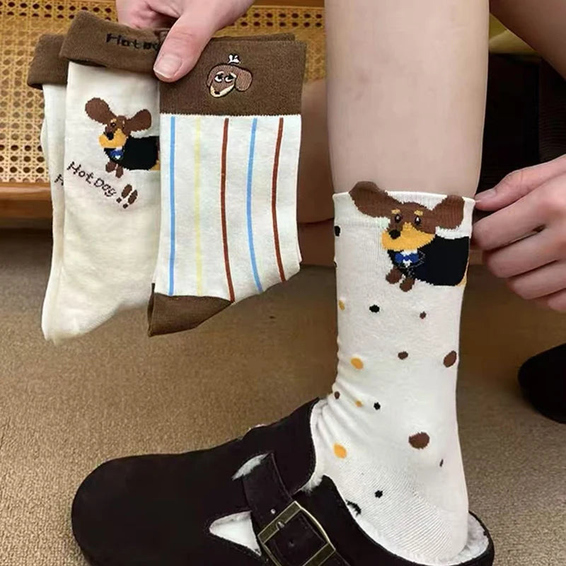 【N】 Calcetines divertidos de algodón con animales de perro salchicha, calcetines lindos y cálidos con estampado de dibujos animados de perro salchicha para otoño e invierno