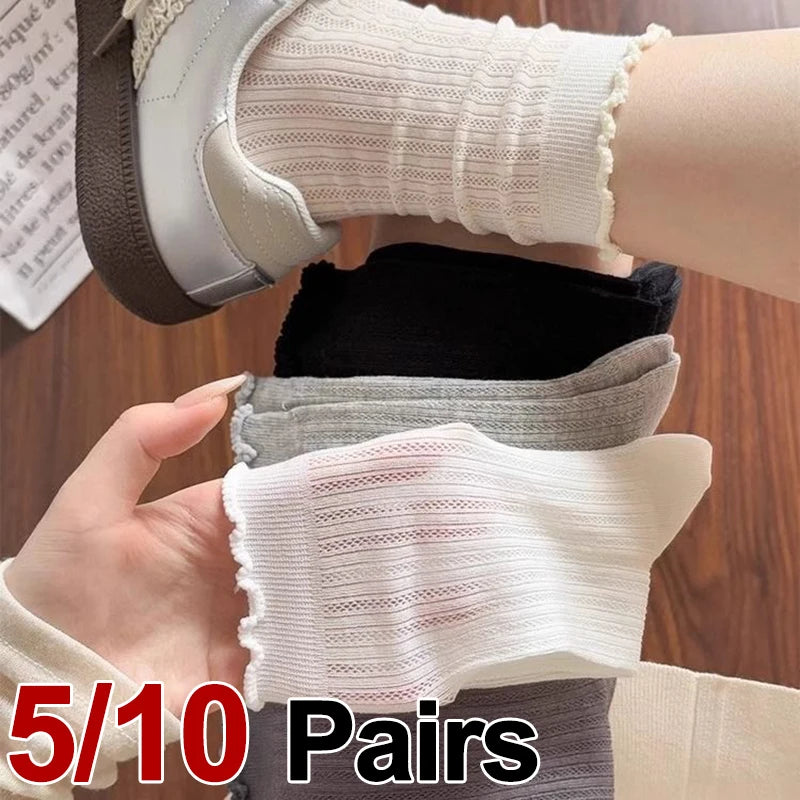 5/10 pares de calcetines de tubo medio de malla de Color sólido para mujer, calcetines informales ligeros transpirables de moda con borde ondulado estilo Ballet