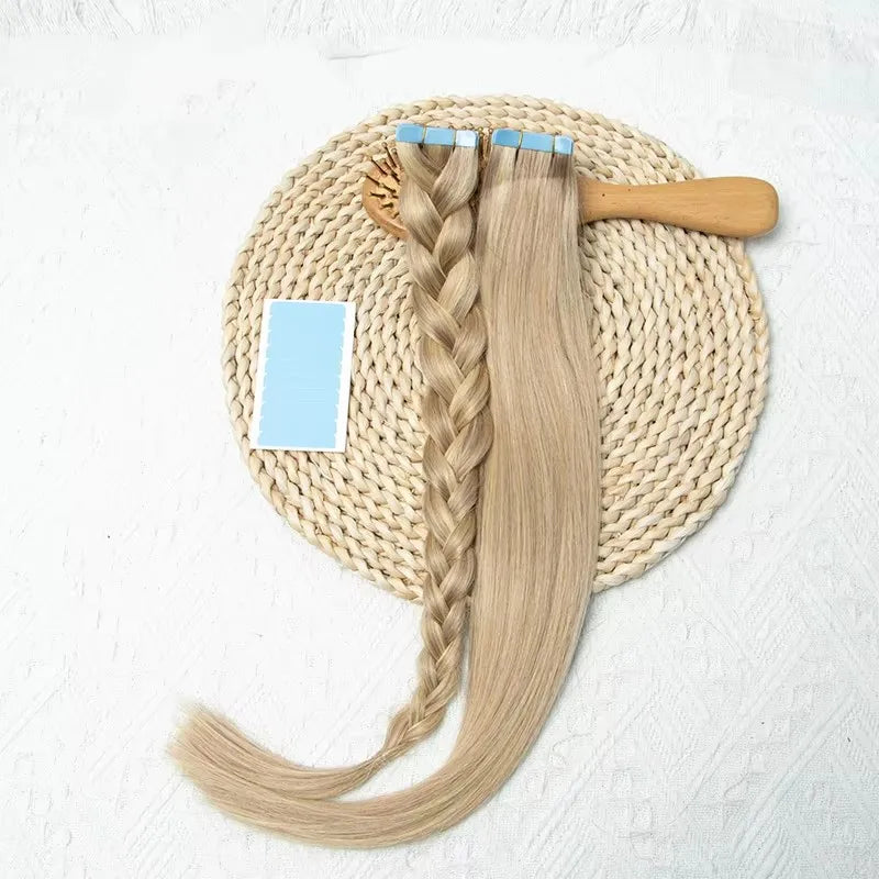 MRSHAIR cinta en extensiones de cabello cabello humano Rubio cinta sin costuras extensiones de cabello 4x0,8 cm trama de piel cinta de PU en el cabello 20 piezas 12 "-24"