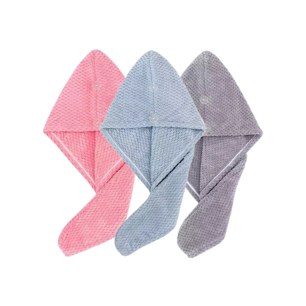 Toalla para el cabello de color sólido Gorro para el cabello seco texturizado 9,8 "X 25,5" toalla absorbente para el cabello para mujeres con botones