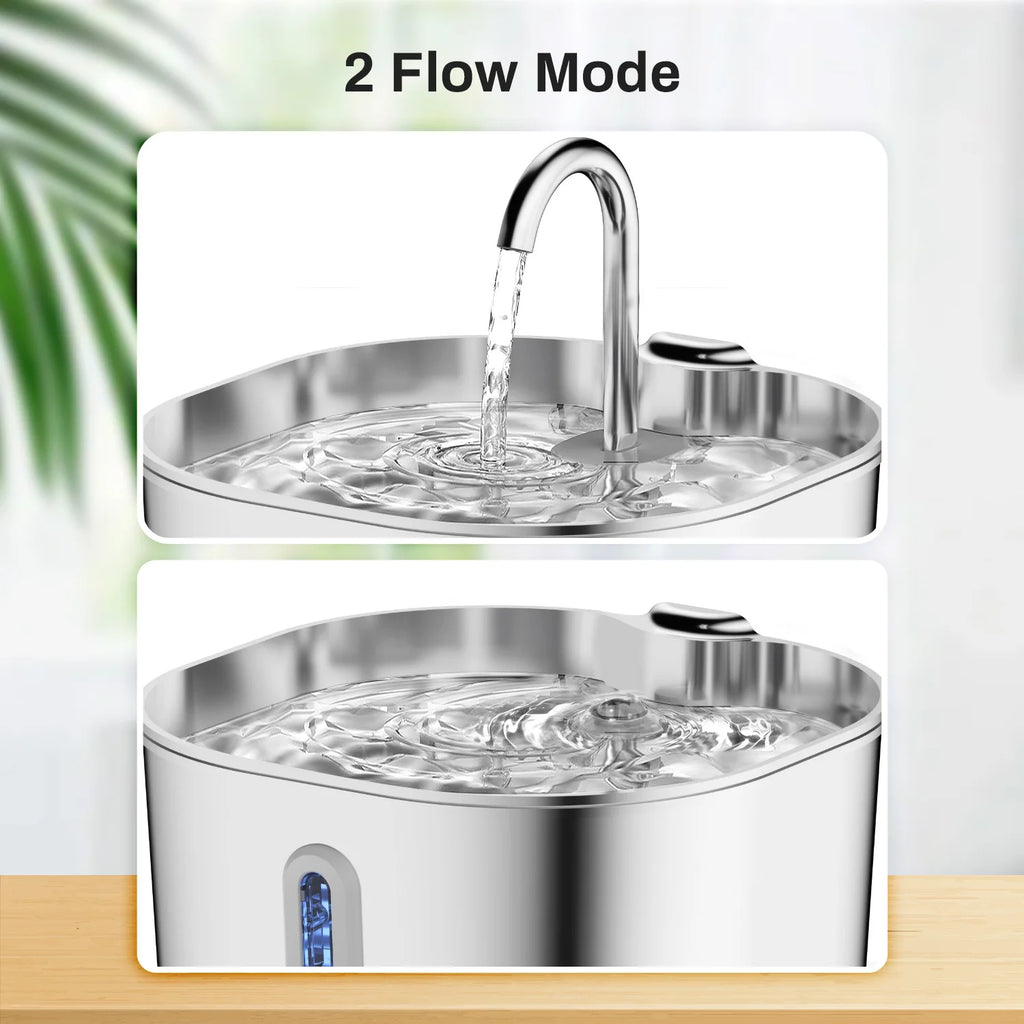 ZYFeeder Fuente de agua automática para gatos de 2,2 L, alimentador de agua cuadrado de acero inoxidable para mascotas, fuente de agua para perros con ventana (sin enchufe de 5 V 1 A)