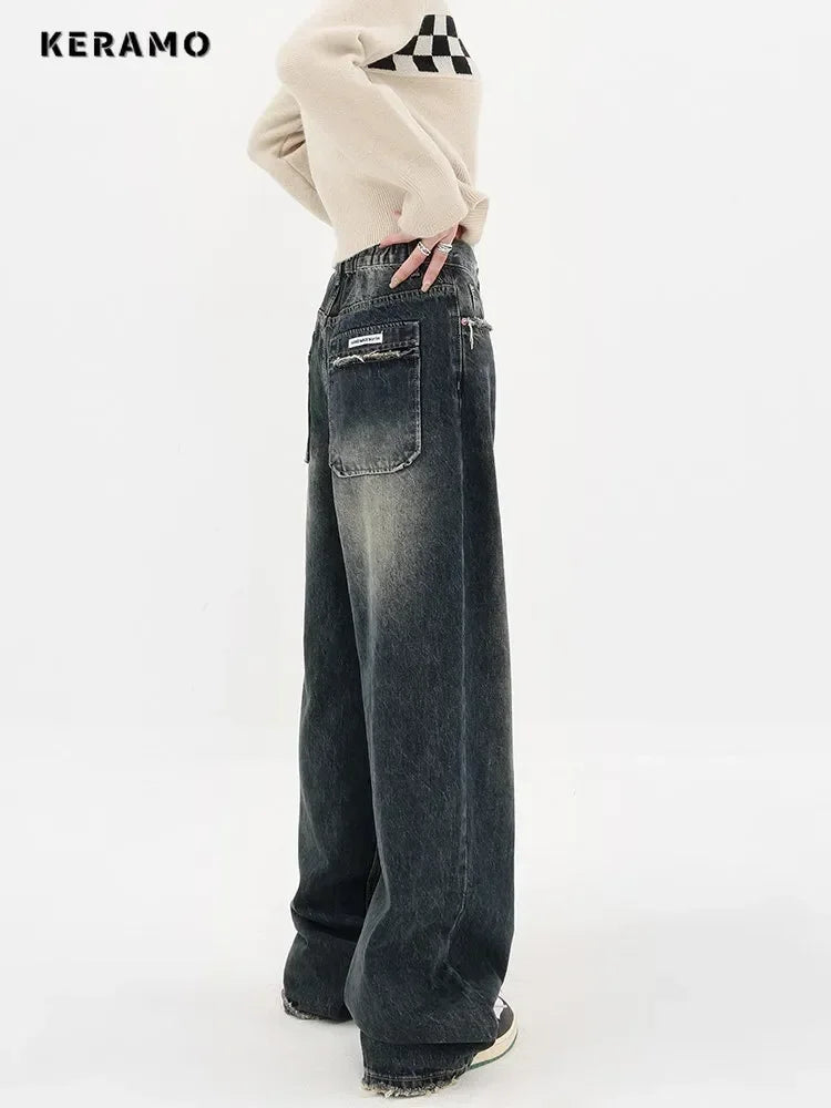 Ropa de calle Harajuku, moda Retro, pantalones vaqueros de cintura alta para mujer, pantalones vaqueros holgados rectos de pierna ancha Y2K, pantalones holgados