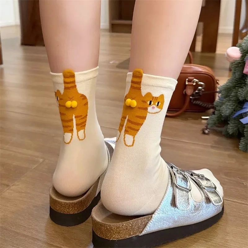 Calcetines Divertidos con Diseño de Gato, Negros/Blancos, Transpirables, Suaves, para Mujer, Novedad, Regalo Kawaii