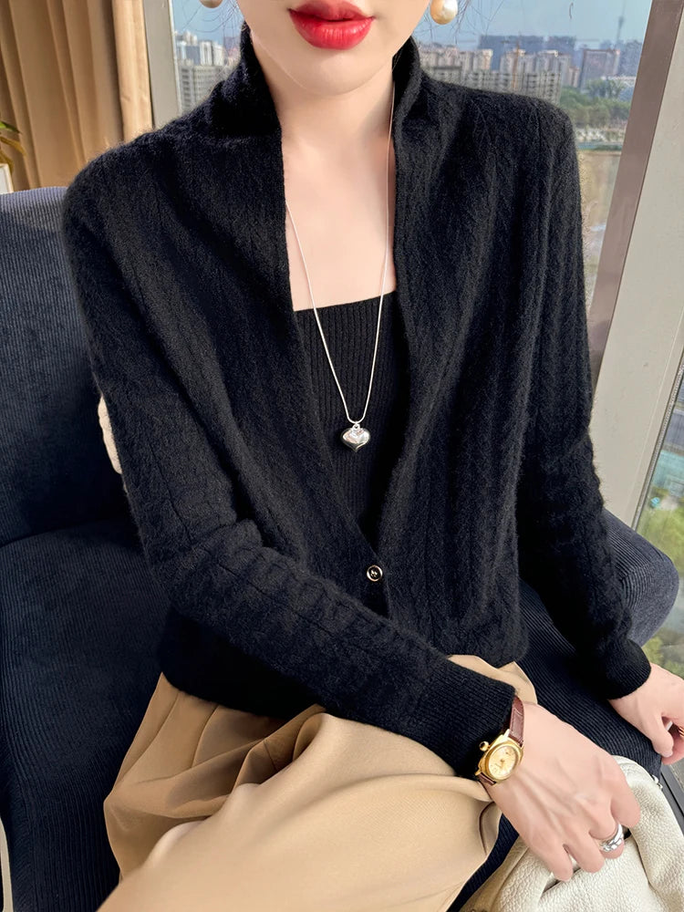Cárdigan con cuello de bufanda para mujer, Tops, Otoño Invierno, nuevo suéter elegante de lana merina de 100%, suéter de lana elegante para mujer, blusa suave elegante