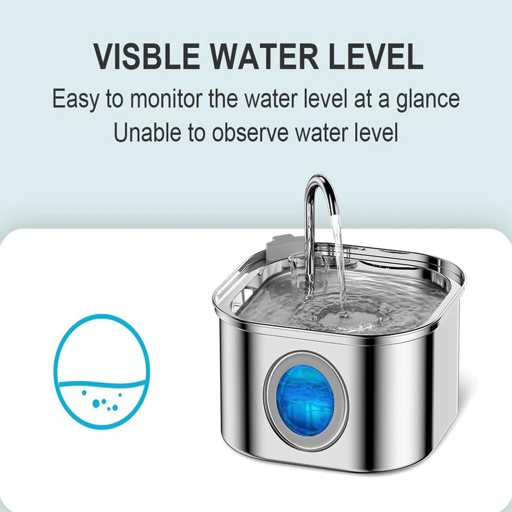 ZYFeeder Fuente de agua automática para gatos de 2,2 L, alimentador de agua cuadrado de acero inoxidable para mascotas, fuente de agua para perros con ventana (sin enchufe de 5 V 1 A)