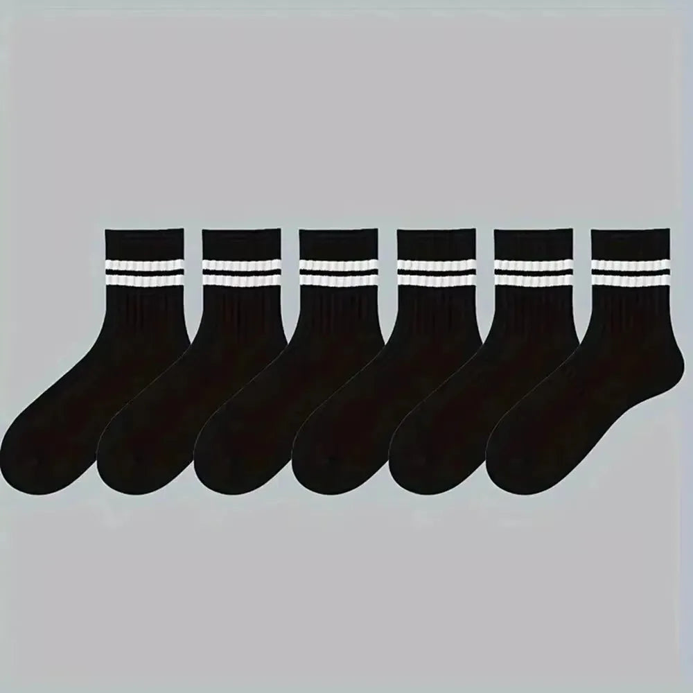 6/10 pares de calcetines para hombre, calcetines sencillos informales a rayas blancas y negras para primavera y otoño, calcetines transpirables de tubo medio, calcetines de cuello redondo de alta calidad
