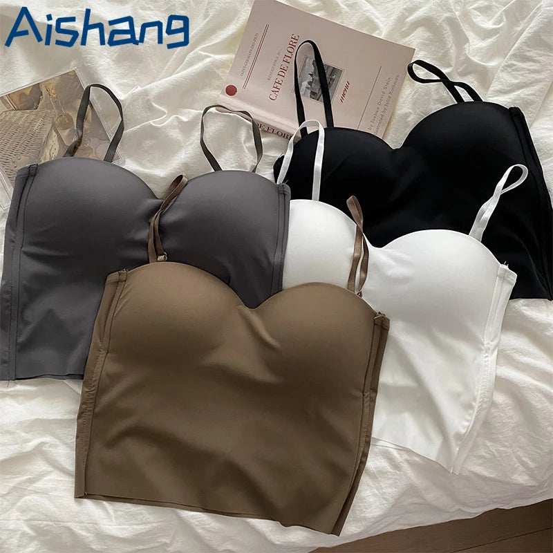 Aishang-Chaleco fino de seda helada para mujer, camisola con espalda francesa, copa fija integrada, ropa exterior, pecho envolvente de especias
