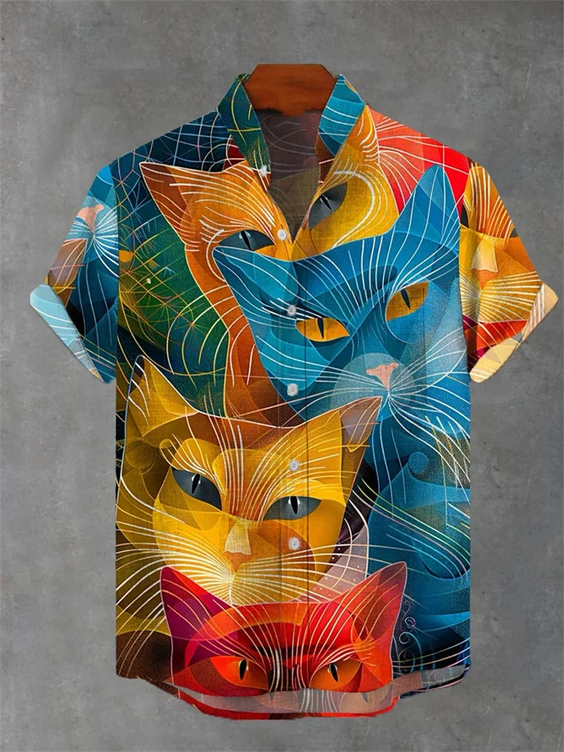 2025 nueva camisa para hombre con estampado 3D de gato pantalón corto informal de manga, camisa con botones de solapa de moda hecha de lino
