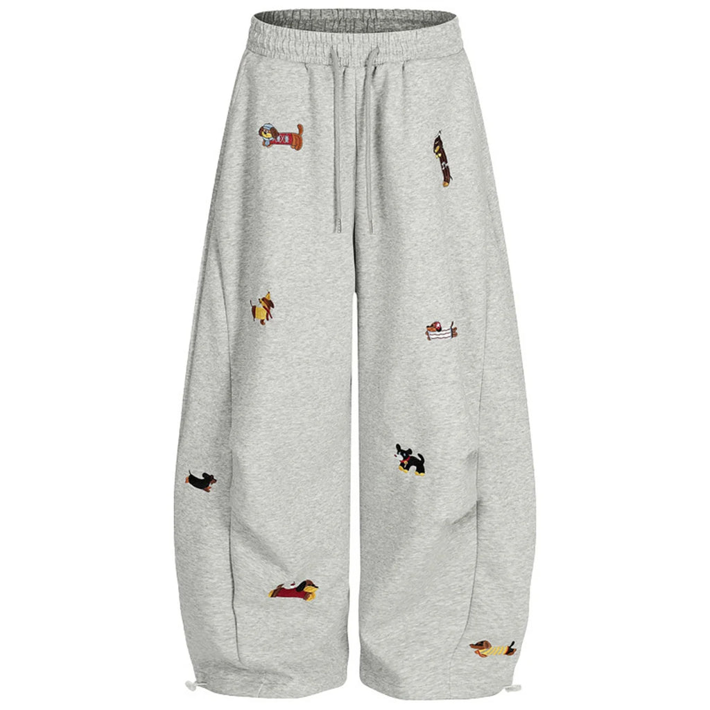 Pantalones de chándal holgados con bordado de perro salchicha, joggers casuales de pierna ancha, estilo streetwear para parejas, divertidos, a la moda y cómodos.