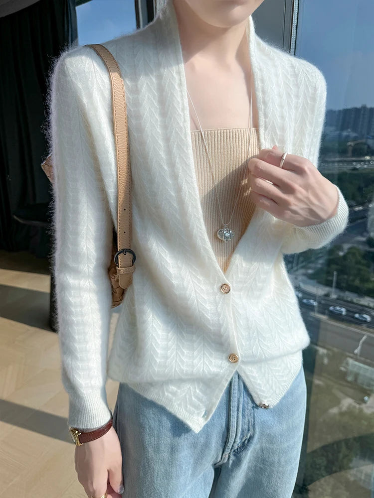 Cárdigan con cuello de bufanda para mujer, Tops, Otoño Invierno, nuevo suéter elegante de lana merina de 100%, suéter de lana elegante para mujer, blusa suave elegante