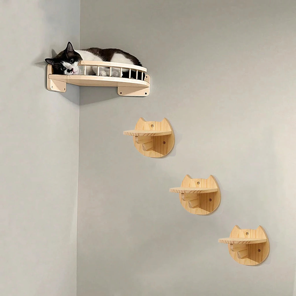 Hamaca esquinera con escalones para gatos, mueble montado en la pared, estante de escalada para gatos de interior, cama colgante de madera, 3/4 piezas