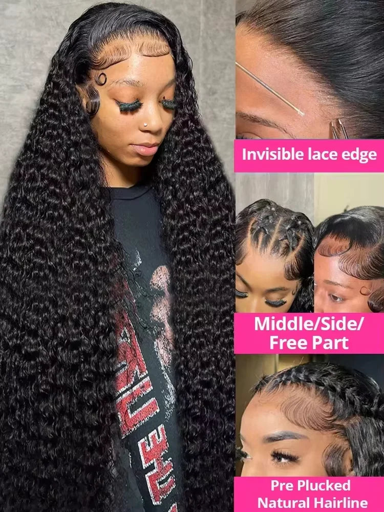 Peluca frontal de encaje HD 13x6 con densidad del 250%, cabello humano virgen rizado de onda profunda, pre-arrancada, con ondas de agua, para mujeres negras, brasileña