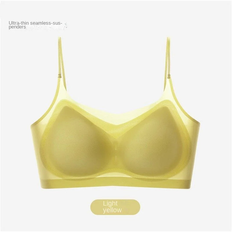 Sujetador superior de seda de hielo transpirable ultrafino para mujer, chaleco Halter con espalda sin costuras, sujetador envolvente, pecho pequeño juntos