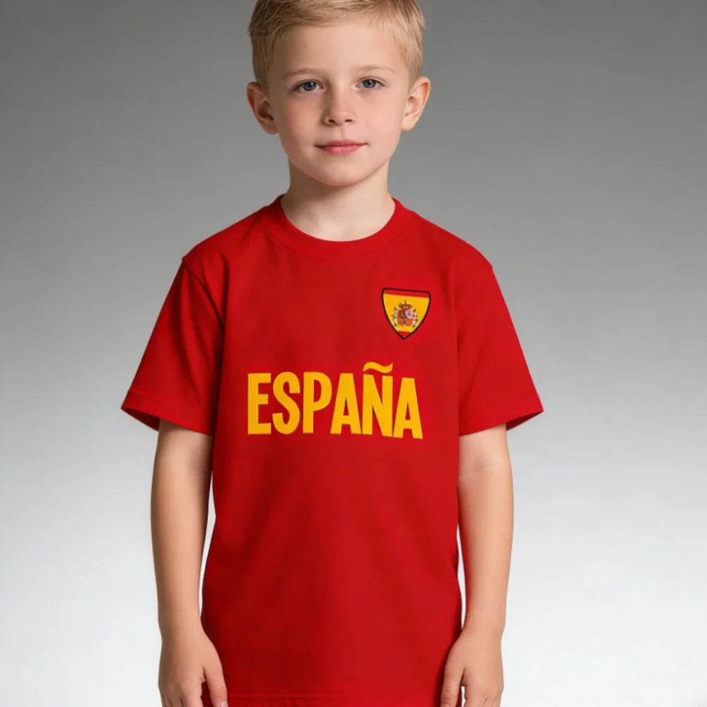 Camiseta ESPANA, ropa informal para la vida diaria de los niños españoles, cuello redondo, camiseta de algodón con estampado del emblema nacional