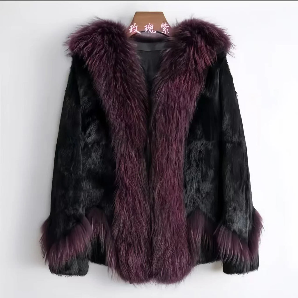 Abrigo de piel de conejo Rex auténtica para mujer, Chaqueta corta gruesa y cálida con cuello de piel de perro mapache, prendas de vestir exteriores cálidas elegantes para otoño e invierno