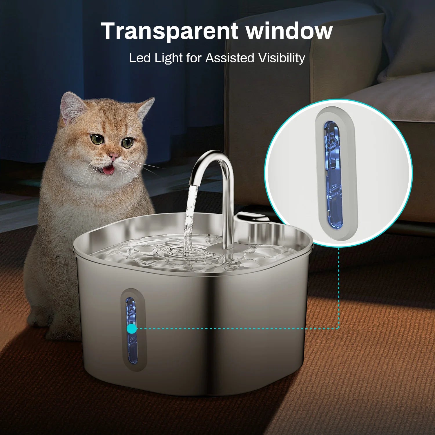 ZYFeeder Fuente de agua automática para gatos de 2,2 L, alimentador de agua cuadrado de acero inoxidable para mascotas, fuente de agua para perros con ventana (sin enchufe de 5 V 1 A)