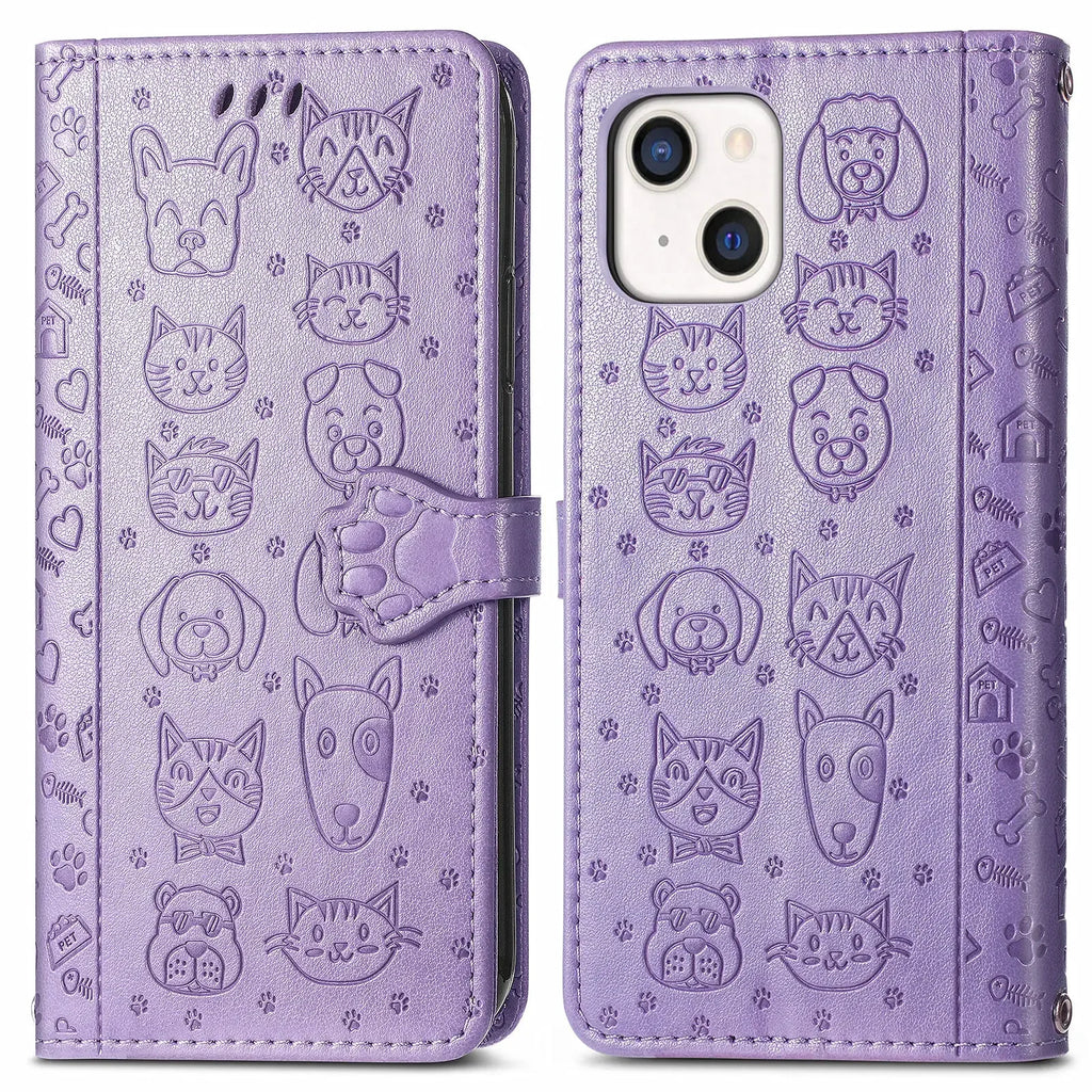 Funda de cuero de lujo con diseño de perro y gato para iPhone 16 15 14 13 12 11 Pro X XR XS MAX 8 7 Plus, bonita funda para teléfono con ranuras para tarjetas, cartera Coque