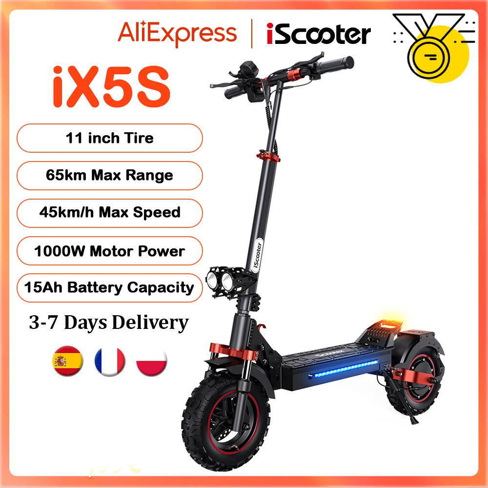Patinete eléctrico iScooter iX5s de 15 Ah y 1000 W, potente, antideslizante, todoterreno, con neumático, autonomía de 65 km y 45 km/h.