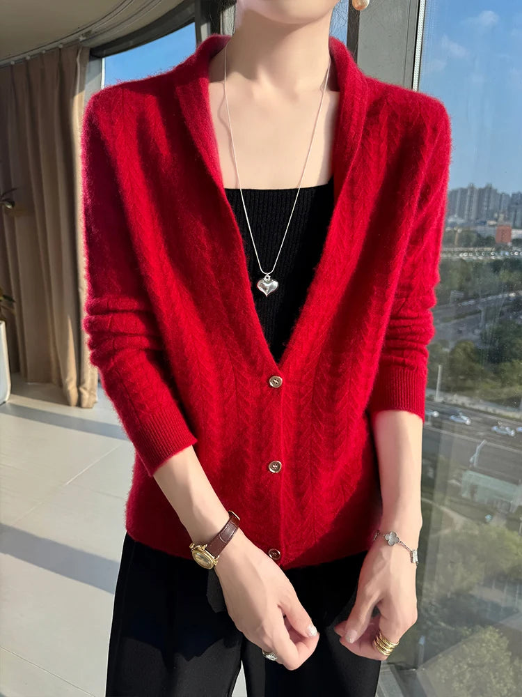 Cárdigan con cuello de bufanda para mujer, Tops, Otoño Invierno, nuevo suéter elegante de lana merina de 100%, suéter de lana elegante para mujer, blusa suave elegante