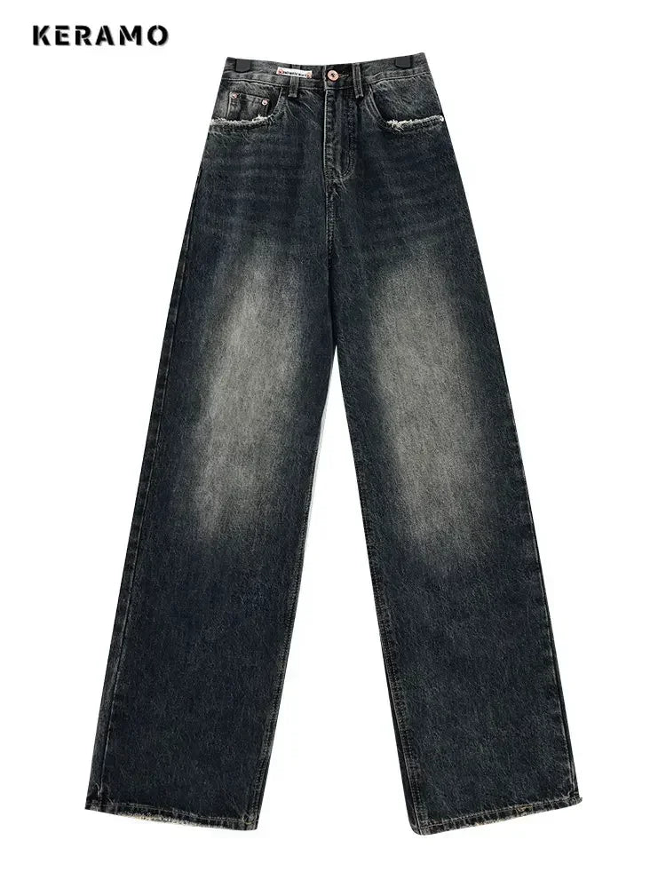 Ropa de calle Harajuku, moda Retro, pantalones vaqueros de cintura alta para mujer, pantalones vaqueros holgados rectos de pierna ancha Y2K, pantalones holgados