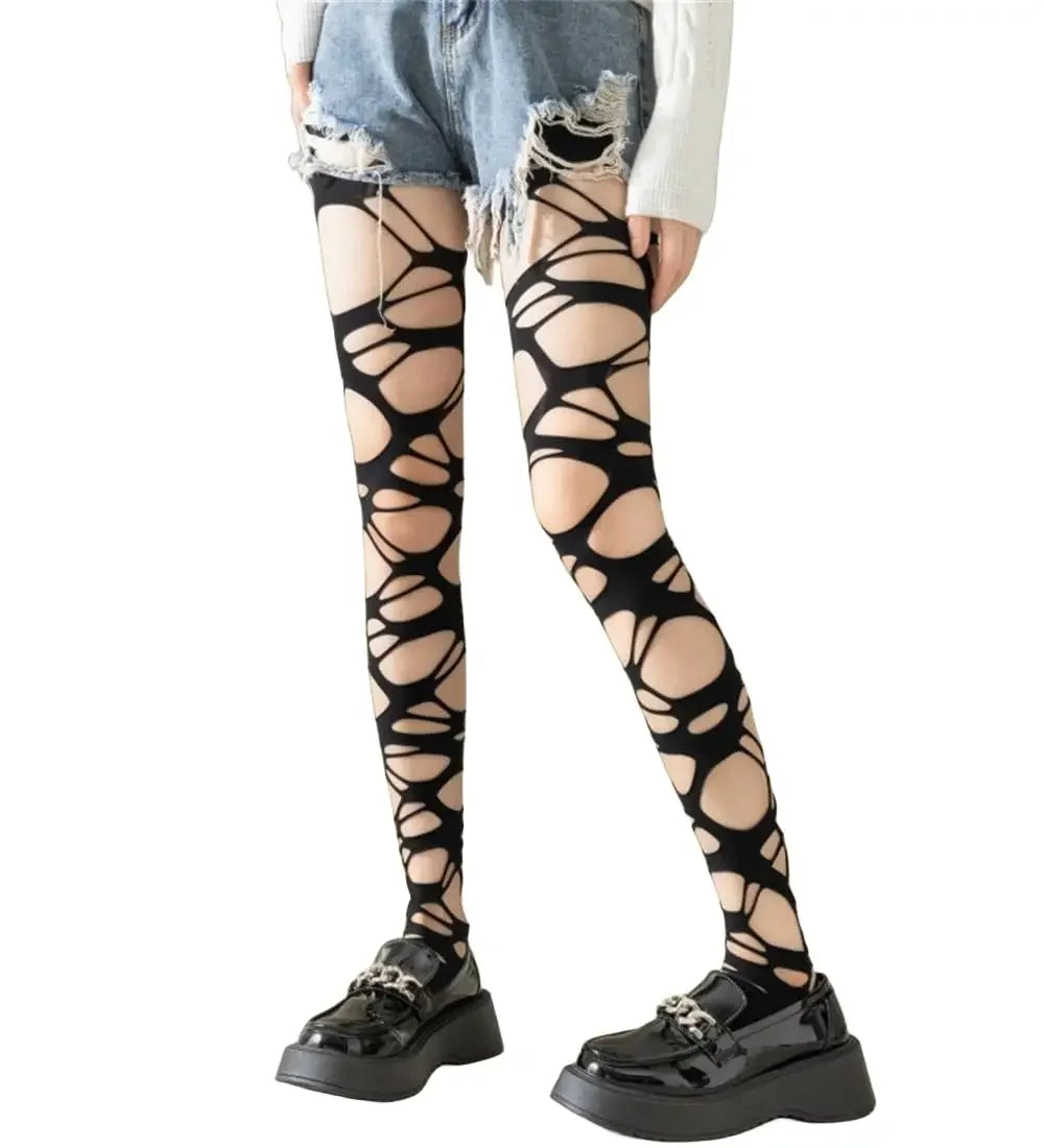 Medias de red rasgadas negras sexis para mujer, pantimedias de malla ajustadas con agujeros Punk gótico, mallas, estilo Emo, ropa de calle Egirl