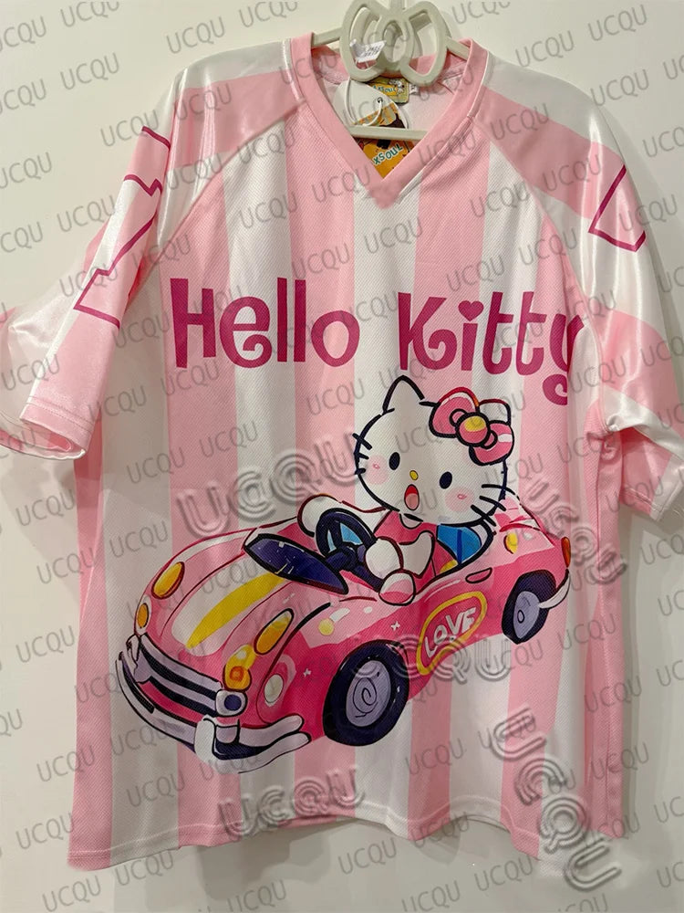 Camiseta de dibujos animados de Hello Kitty, ropa deportiva de moda para mujeres y hombres, pijamas con cuello en V, ropa de calle holgada informal ligera y transpirable, Tops