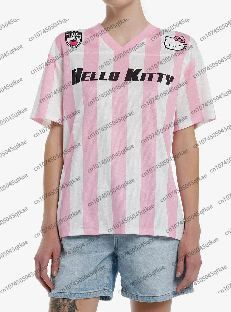 Camiseta de dibujos animados de Hello Kitty, ropa deportiva de moda para mujeres y hombres, pijamas con cuello en V, ropa de calle holgada informal ligera y transpirable, Tops