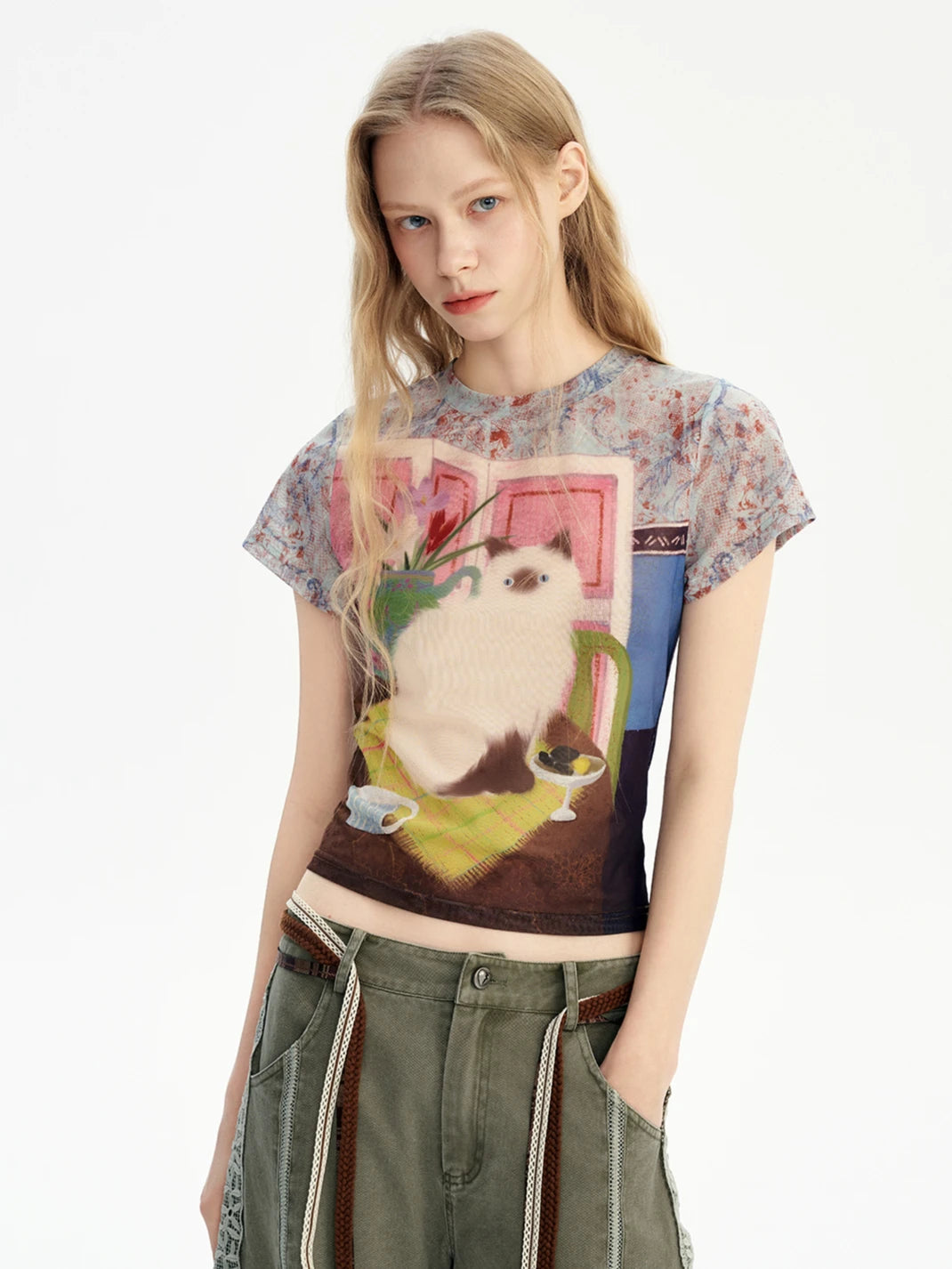 CHEERART-Tops de malla de diseñador de gato para mujer, camisetas gráficas, camisetas bonitas de manga corta, Tops cortos, productos de tendencia 2025